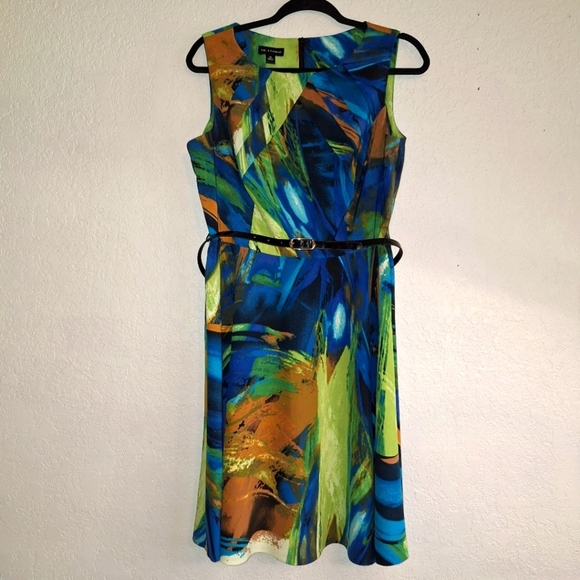 I.N. Studio Colorful Geometric Print Belted Dress Size 14 - Picture 1 of 11